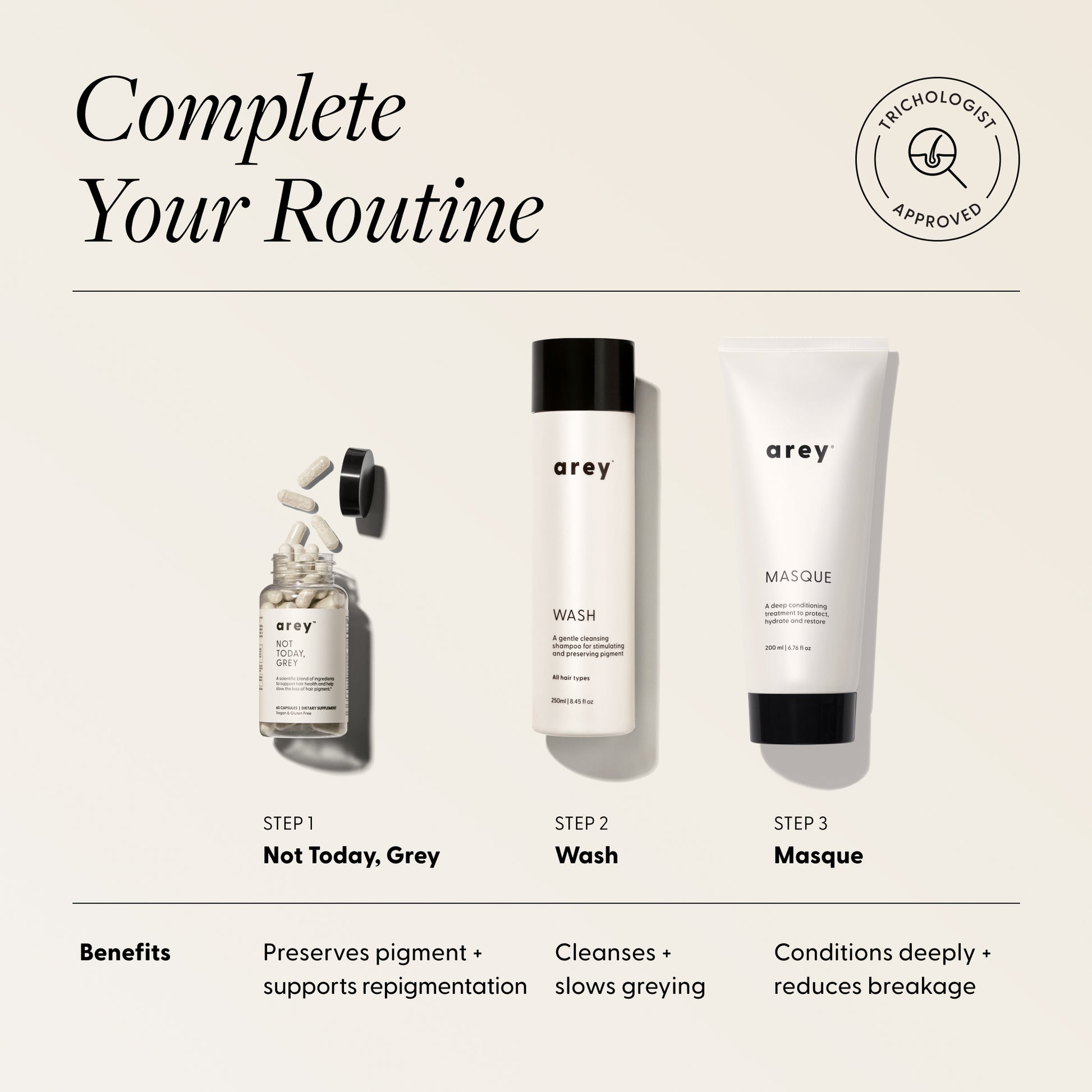 haircare product set with 'arey' branding on a beige background introducing a routine