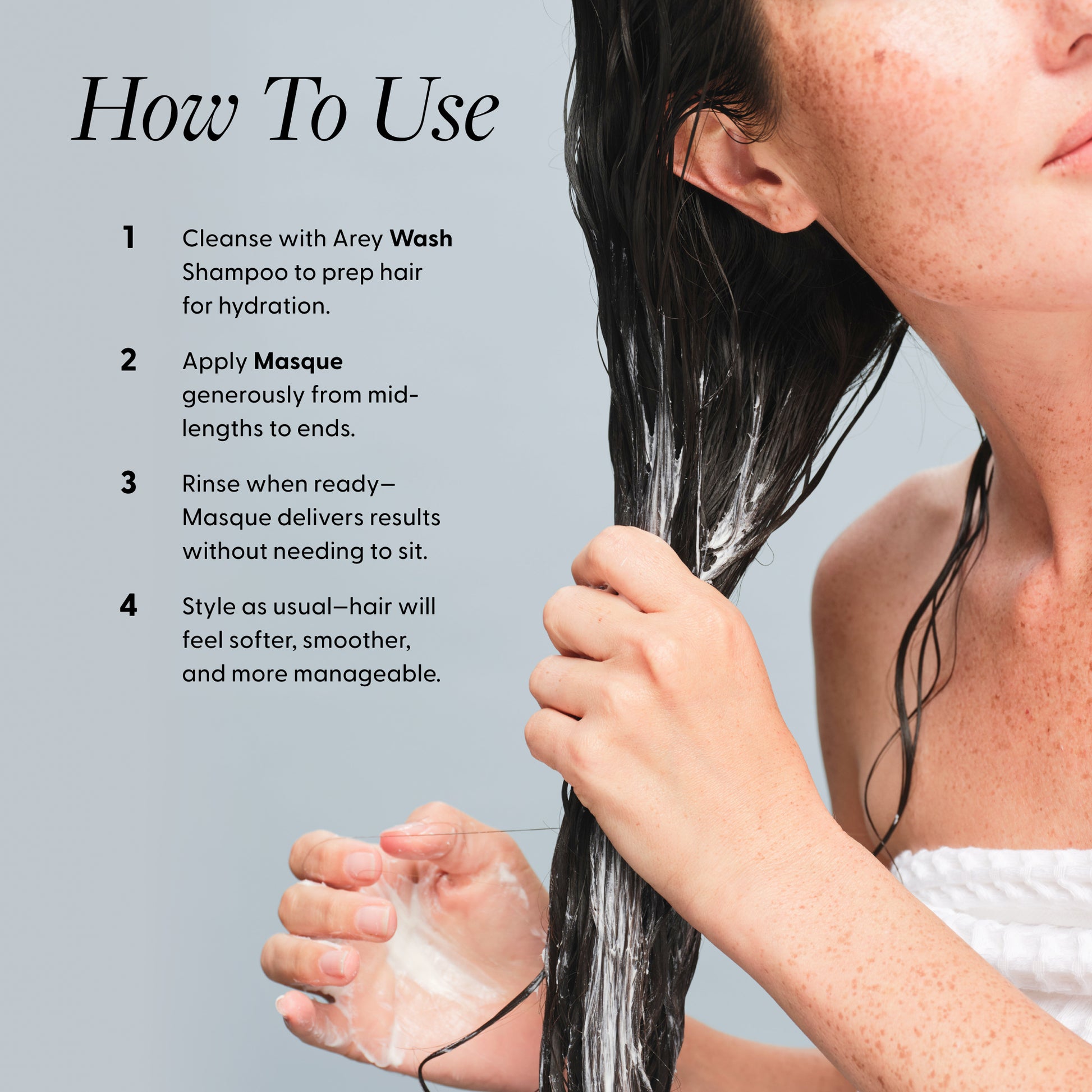 Person applying hair care product with text on how to use it