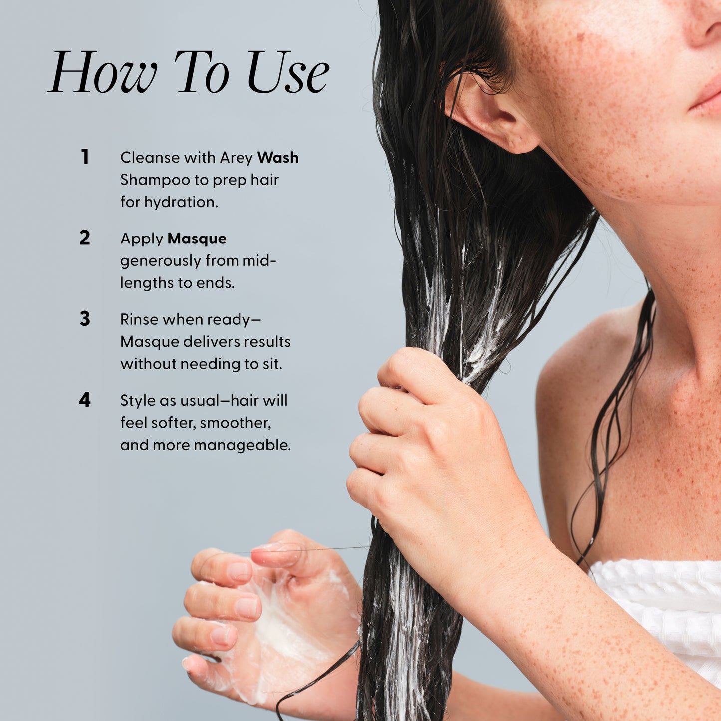 Person applying hair care product with text on how to use it