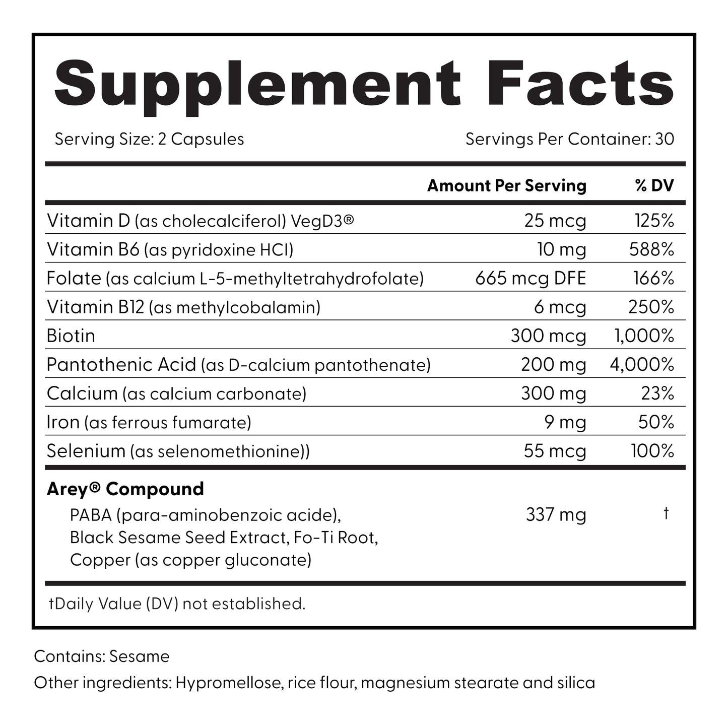 Supplement facts label with detailed nutritional information on a white background