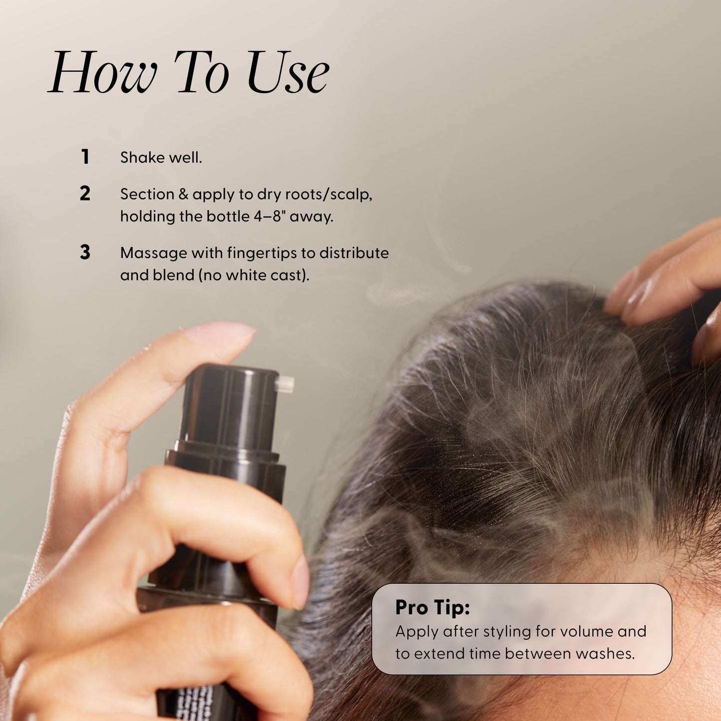 Person using a hair product with text on how to use it and a pro tip.