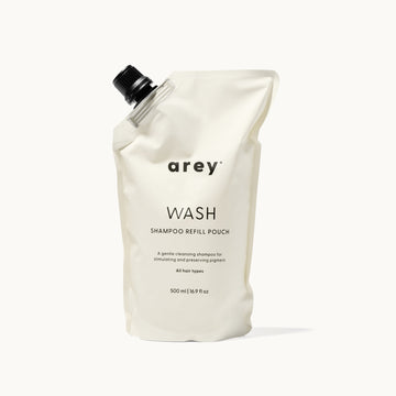 Shampoo refill pouch with 'arey' branding on a white background