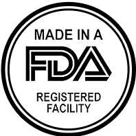 Logo indicating 'Made in a FDA Registered Facility' with a black circle and text.