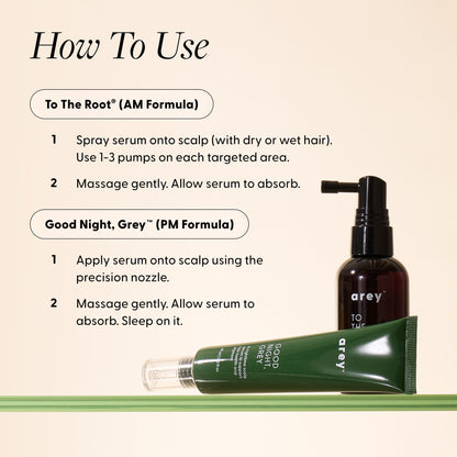 Instructional graphic with the heading "How To Use". Products shown: To The Root spray bottle and Good Night, Grey tube. Instructions read: "To The Root® (AM Formula) – 1. Spray serum onto scalp (with dry or wet hair). Use 1–3 pumps on each targeted area. 2. Massage gently. Allow serum to absorb." "Good Night, Grey™ (PM Formula) – 1. Apply serum onto scalp using the precision nozzle. 2. Massage gently. Allow serum to absorb. Sleep on it."