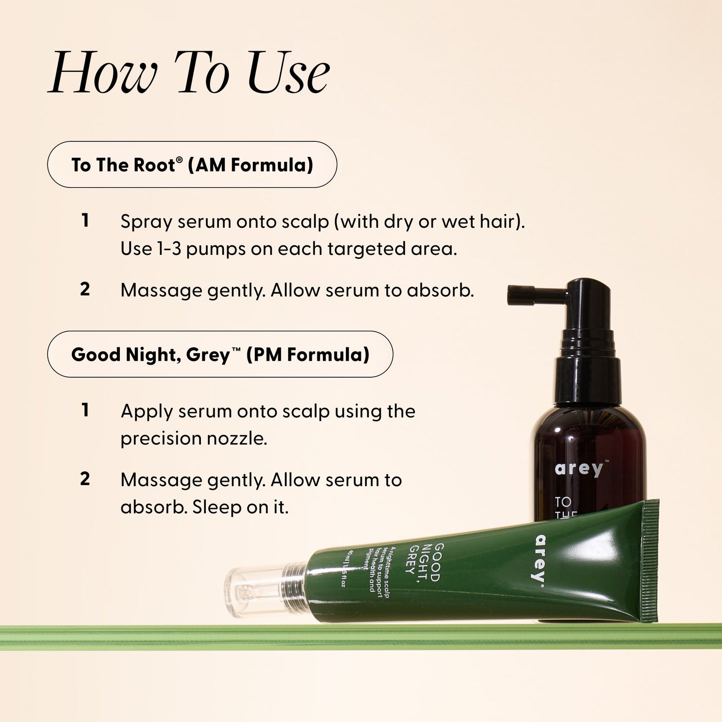 Instructional graphic with the heading "How To Use". Products shown: To The Root spray bottle and Good Night, Grey tube. Instructions read: "To The Root® (AM Formula) – 1. Spray serum onto scalp (with dry or wet hair). Use 1–3 pumps on each targeted area. 2. Massage gently. Allow serum to absorb." "Good Night, Grey™ (PM Formula) – 1. Apply serum onto scalp using the precision nozzle. 2. Massage gently. Allow serum to absorb. Sleep on it."