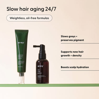 Two hair care products from Arey, called The AM to PM Duo, sit on a glass shelf; text highlights benefits such as slowing greys, supporting new hair growth and density, and boosting scalp hydration for aging hair. “Slow hair aging 24/7” is featured at the top, promising thicker, fuller hair and helping to reverse grey hair for a revitalized look.