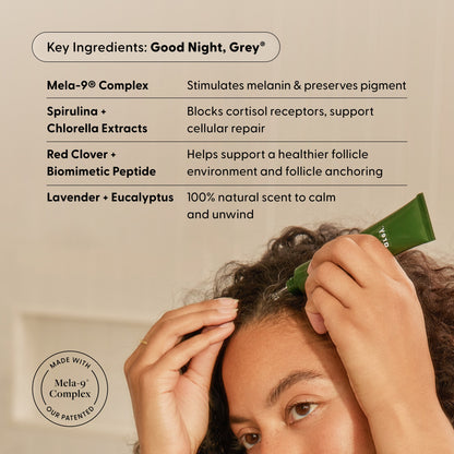 A person applies Arey’s The Beauty Sleep Duo, using the green tube serum on their temples. The text highlights key ingredients such as Mela-9®, Spirulina, Red Clover, and Lavender + Eucalyptus, explaining their benefits for hair health, relaxation, and scalp care. This overnight scalp serum is crafted to promote holistic hair wellness while you sleep.