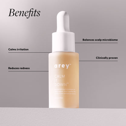 haircare dropper bottle with 'arey' branding on a gray background, listing benefits.