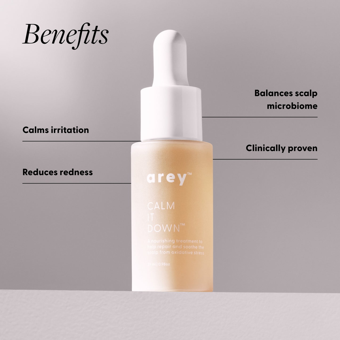 Benefits infographic for the Arey Calm It Down™ scalp serum. Shows the product bottle with benefits listed: Calms irritation, Balances scalp microbiome, Reduces redness, Clinically proven.