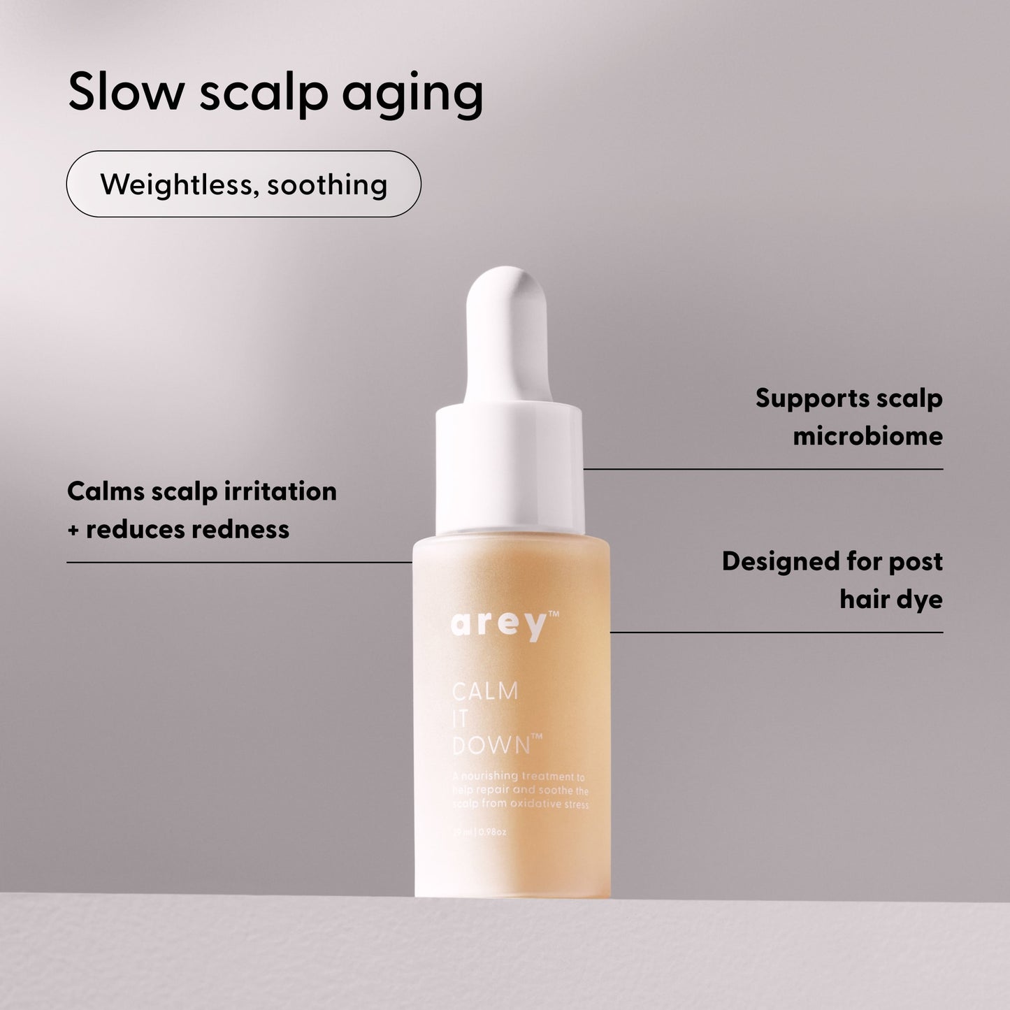 A dropper bottle of Arey Calm It Down Scalp Serum rests on a beige surface, with text highlighting its benefits: calming scalp irritation, providing scalp protection, supporting the scalp microbiome, specially designed for post-hair dye care, delivering a weightless and soothing feel, helping to ease scalp discomfort, and slowing scalp aging caused by oxidative stress.