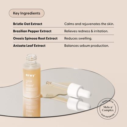 A bottle of Arey Calm It Down Scalp Serum with dropper sits on a mirrored surface. Text highlights key ingredients such as oat, Brazilian pepper, onosis spinosa root, and anisata leaf extracts for soothing the scalp and protecting it against oxidative stress. The Mela-9 Complex logo is displayed.