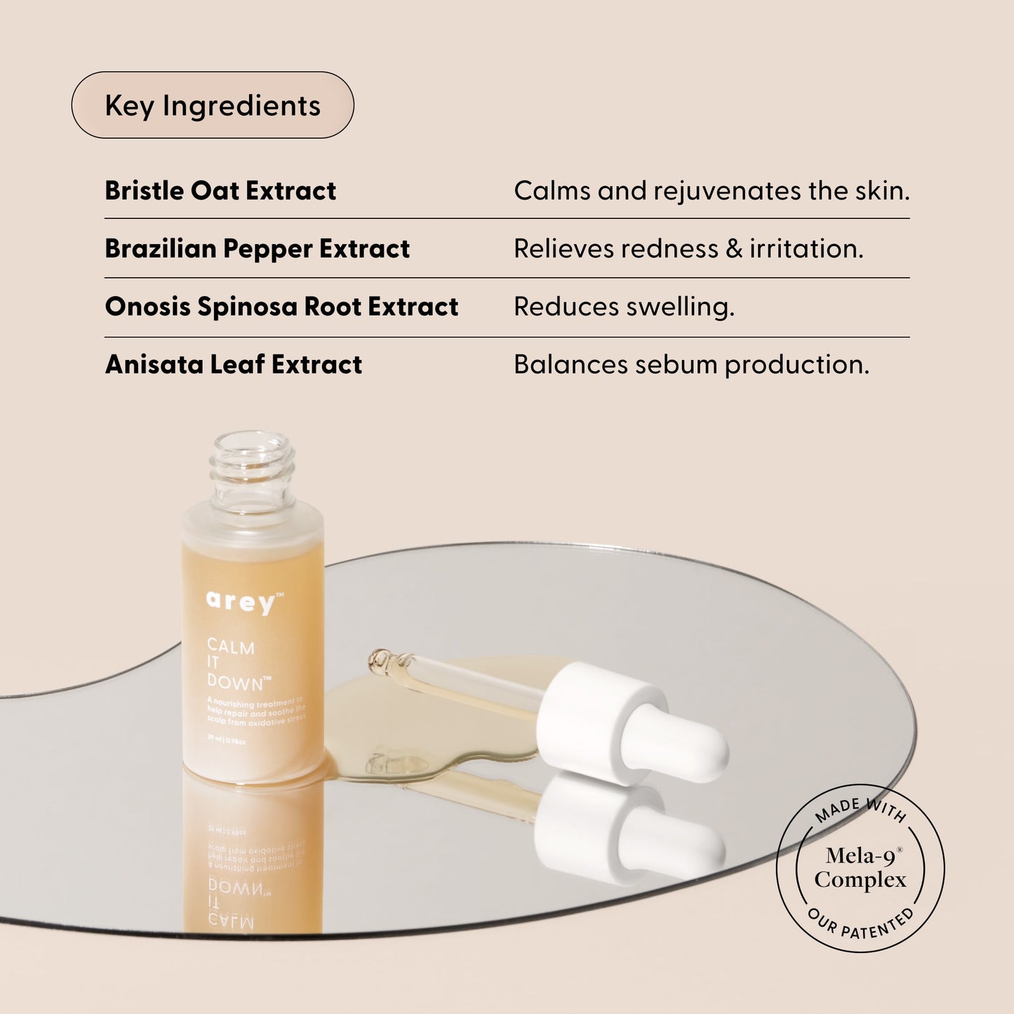A bottle of Arey Calm It Down Scalp Serum with dropper sits on a mirrored surface. Text highlights key ingredients such as oat, Brazilian pepper, onosis spinosa root, and anisata leaf extracts for soothing the scalp and protecting it against oxidative stress. The Mela-9 Complex logo is displayed.
