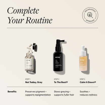 Three hair care products with labels and a 'Trichologist Approved' badge on a beige background describing a routine