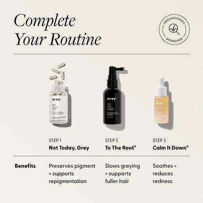 Complete Your Routine infographic for Arey Calm It Down scalp care. Trichologist Approved badge. Three-step routine: Step 1 - Not Today, Grey (Preserves pigment + supports repigmentation), Step 2 - To The Root® (Slows greying + supports fuller hair), Step 3 - Calm It Down® (Soothes + reduces redness).