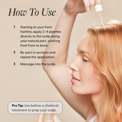 How To Use infographic for Arey Calm It Down scalp serum with a woman applying the serum. Steps: 1) Starting at your front hairline, apply 2–4 pipettes directly to the scalp along your natural part, working from front to back. 2) Re-part in sections and repeat the application. 3) Massage into the scalp. Pro Tip: Use before a chemical treatment to prep your scalp.