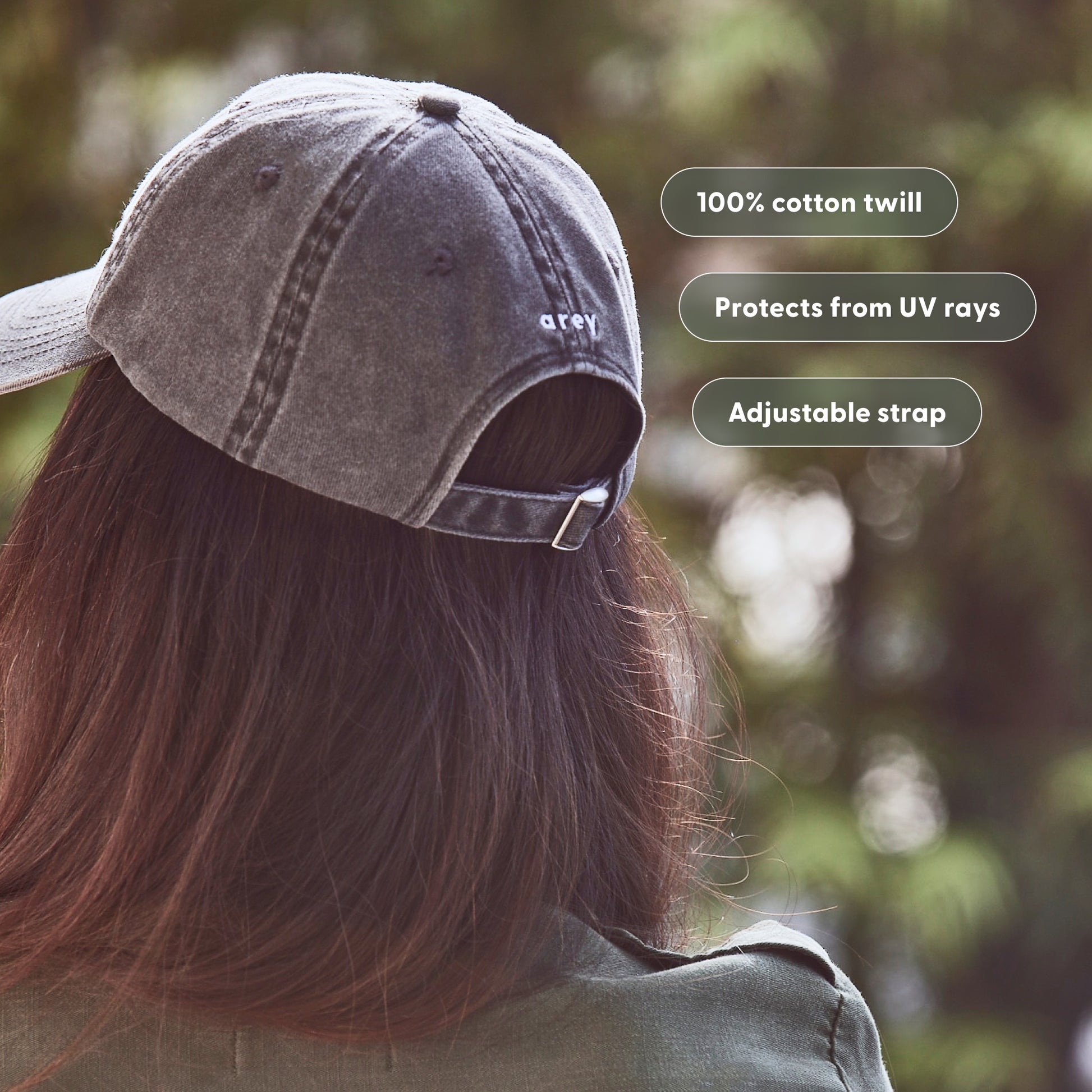 100% cotton twill, Protects from UV rays, Adjustable strap