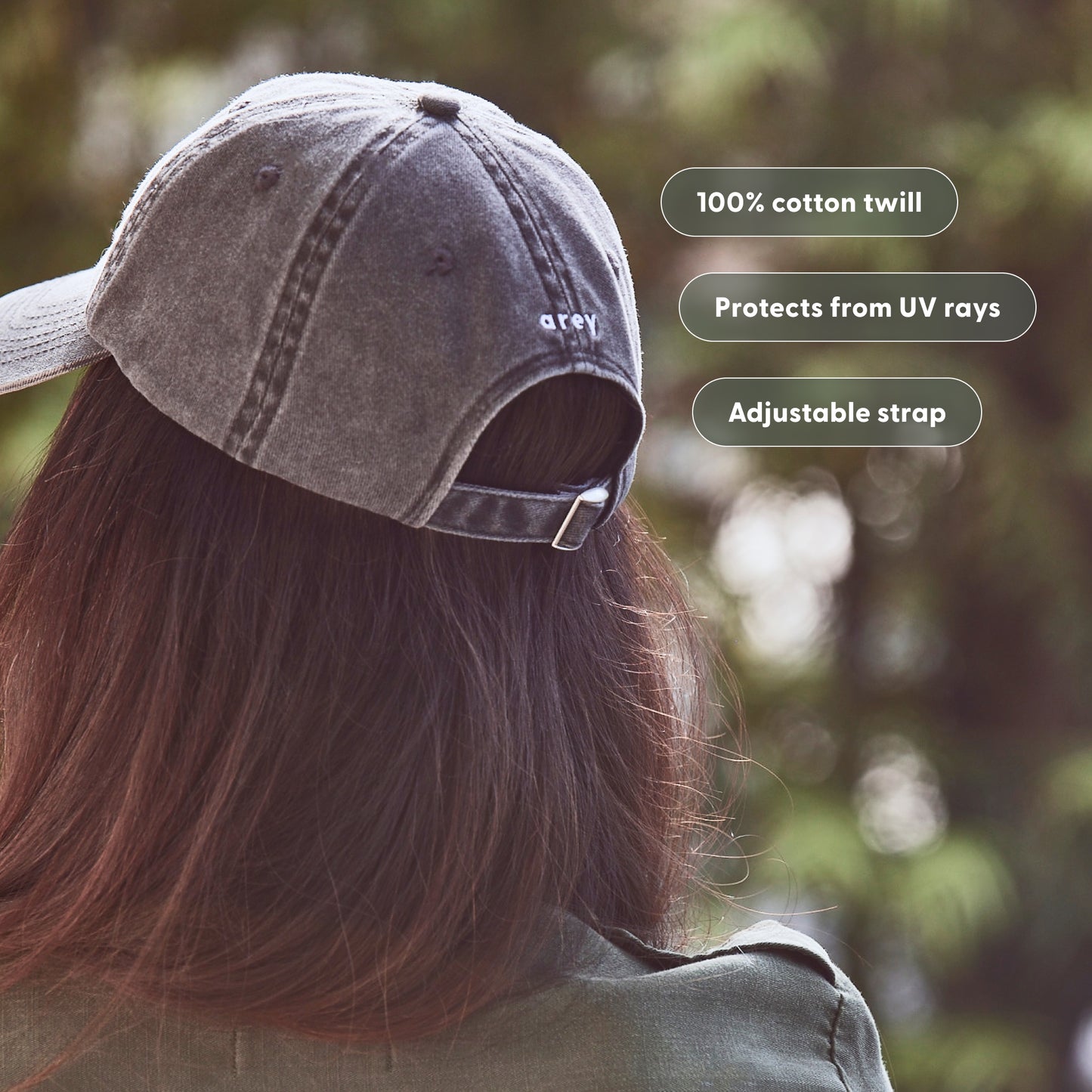 100% cotton twill, Protects from UV rays, Adjustable strap