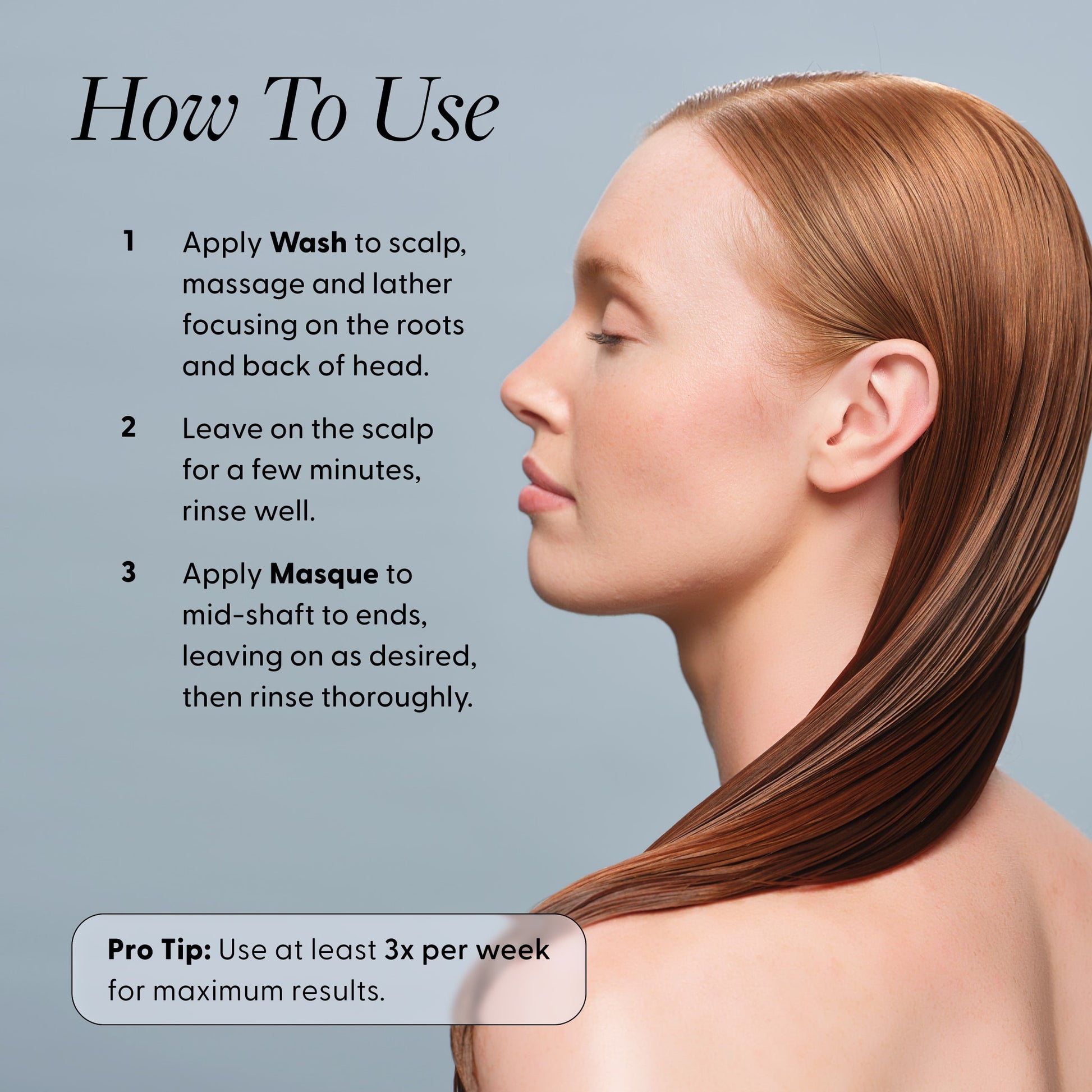 How To Use infographic for Arey Deep Treatment Duo (Wash + Masque) with a woman's profile showing sleek hair. Steps: 1) Apply Wash to scalp, massage and lather focusing on roots and back of head. 2) Leave on scalp for a few minutes, rinse well. 3) Apply Masque to mid-shaft to ends, leave on as desired, rinse thoroughly. Pro Tip: Use at least 3x per week for maximum results.