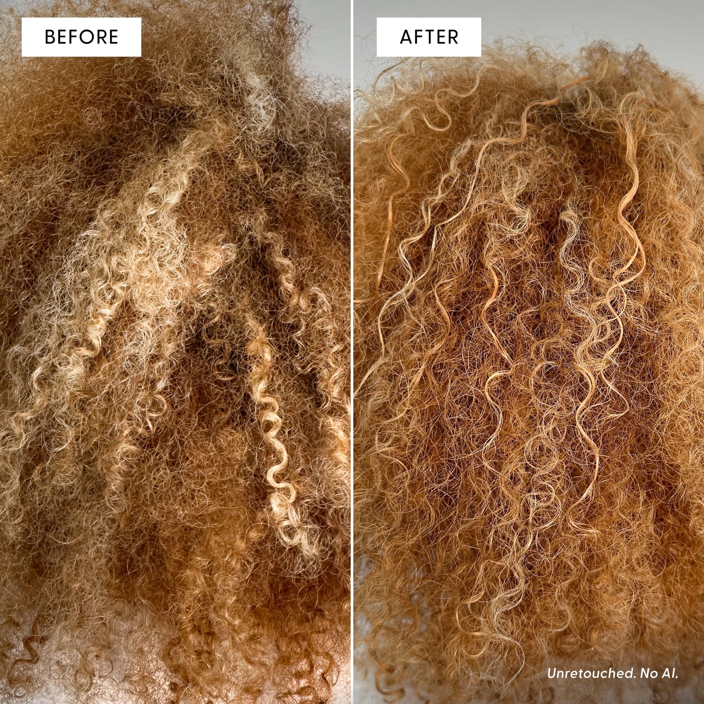 Side-by-side comparison of curly hair labeled Before and After. The Before hair appears dry and frizzy, while the After side shows more defined and moisturized curls after using Arey’s The Deep Treatment Duo. Text at bottom right reads, Unretouched. No AI.