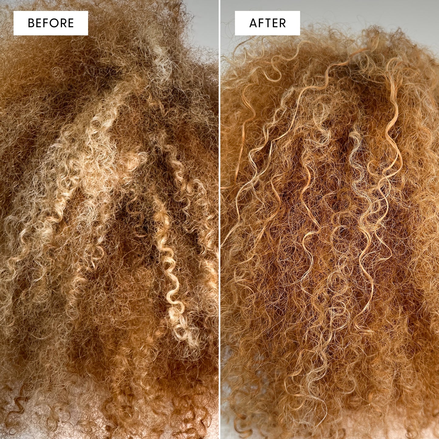 Before and after close-up comparison of curly hair. Left side labeled 'BEFORE' shows frizzy, dry, undefined curls with significant frizziness and flyaways. Right side labeled 'AFTER' shows more defined, moisturized curls with better curl pattern and reduced frizz.