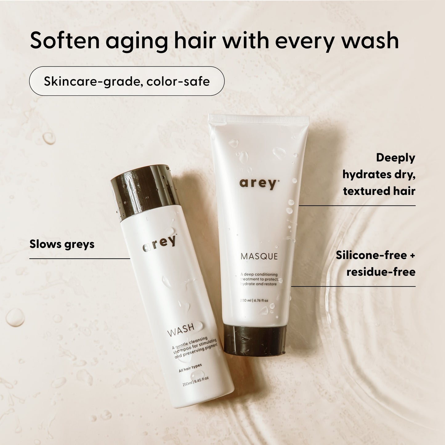 Two Arey products from The Deep Treatment Duo—WASH and MASQUE—are shown on a wet surface. Text highlights the benefits: The Deep Treatment Duo by Arey helps delay greys, deeply hydrates dry hair with its nourishing deep conditioner, is silicone-free and residue-free, uses skincare-grade ingredients, and features a color-safe formula.