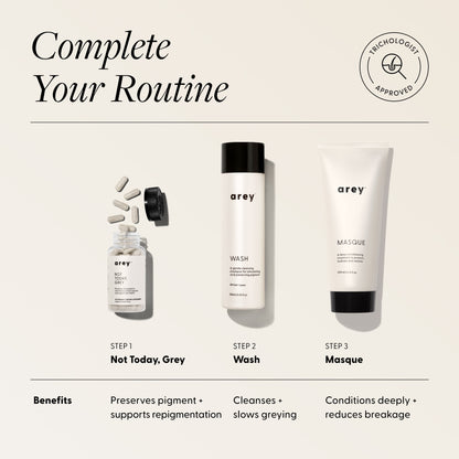 Complete Your Routine featuring Not Today, Grey supplement, Wash shampoo, and Masque deep conditioner.