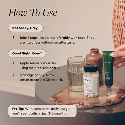 How to use infographic. Header: "How To Use." Section 1 — "Not Today, Grey™": "1. Take 2 capsules daily, preferably with food. They are flavorless without an aftertaste." Section 2 — "Good Night, Grey™": "1. Apply serum onto scalp using the precision nozzle. 2. Massage gently. Allow serum to absorb. Sleep on it." Pro Tip: "With consistent, daily usage, you'll see results in just 3–6 months." Both products shown on a bedside tray.