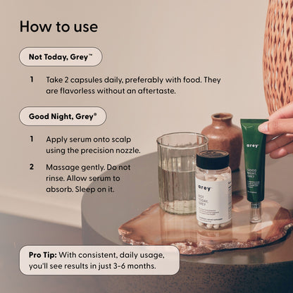 A table displays The Dream Duo by Arey—including a pill bottle, serum dropper, and tube. Instructions explain: take Arey capsules daily to support melanin production and apply the serum to your scalp each night for greying hair. Pro tip: with consistent daily use, expect visible results in 3-6 months.
