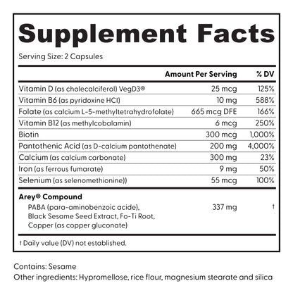 Supplement Facts label for Arey The Dream Duo, a dietary supplement featuring vitamins, minerals, and additional ingredients designed to support melanin production and promote thicker hair. Includes amounts per serving, % daily values, and a proprietary blend. Allergen warning: contains sesame. Other ingredients listed below.