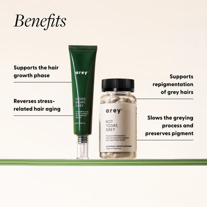 Benefits infographic featuring both Arey products. Header reads "Benefits." Left callouts: "Supports the hair growth phase" and "Reverses stress-related hair aging." Right callouts: "Supports repigmentation of grey hairs" and "Slows the greying process and preserves pigment."