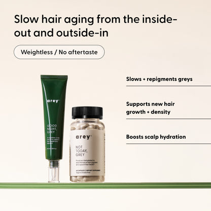 Two Arey The Dream Duo hair products on a green shelf with text: Slow hair aging from the inside-out and outside-in, and benefits including supporting melanin production, promoting thicker hair, reducing greys, supporting hair growth, and boosting scalp hydration.