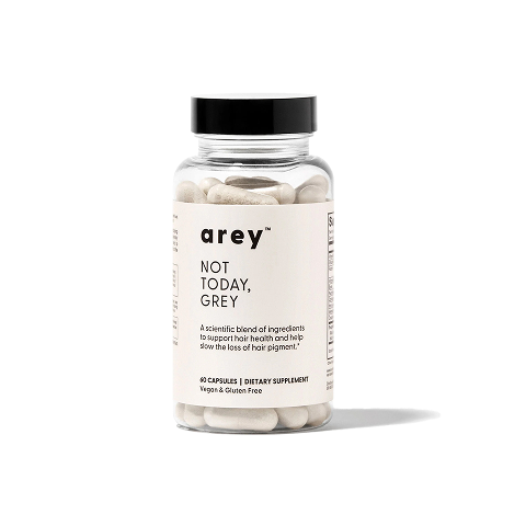 Supplement bottle labeled 'arey' on a white background