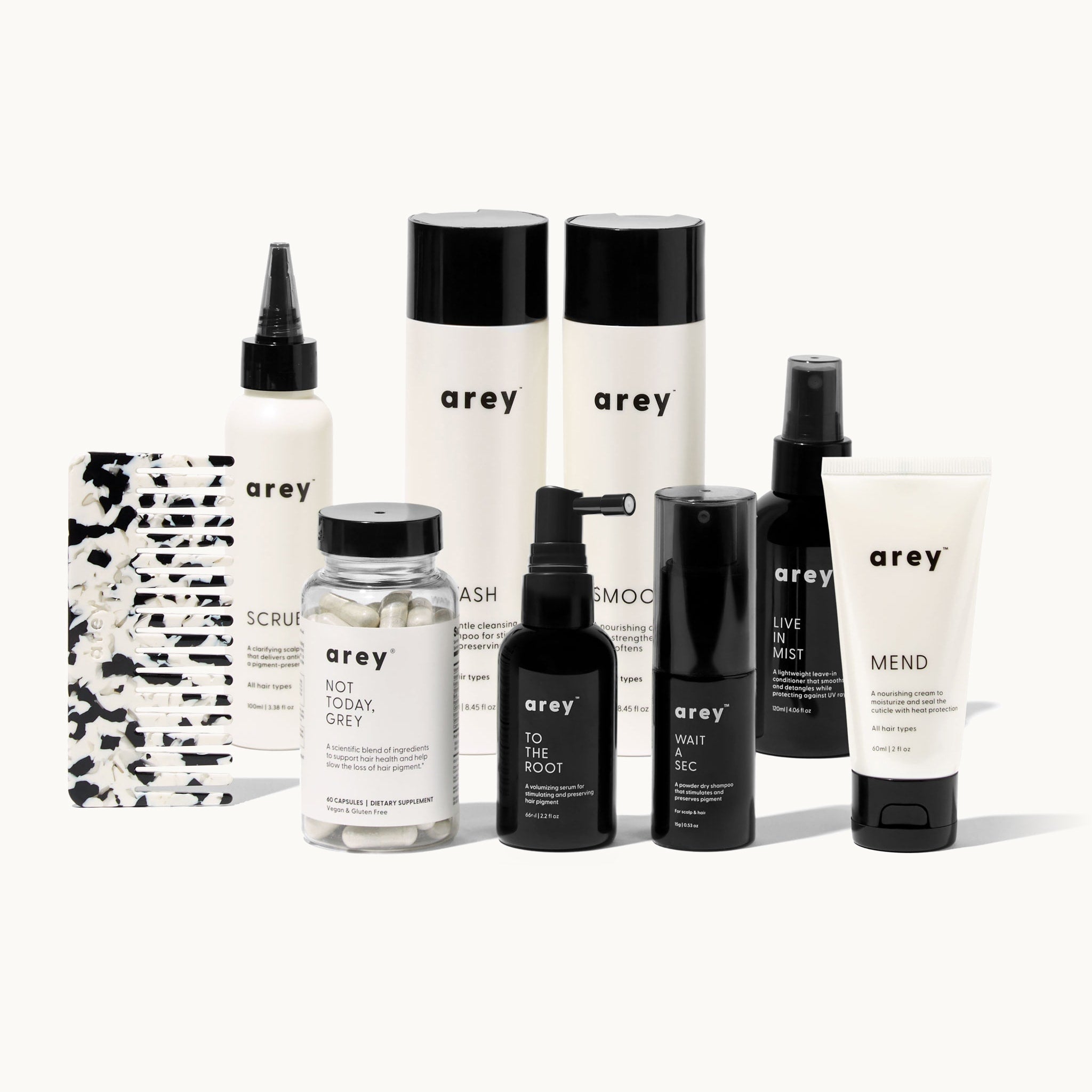 Collection of arey haircare products on a white background