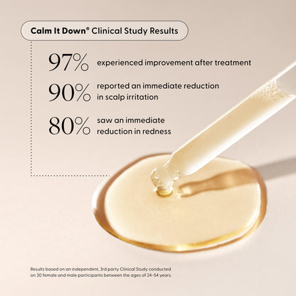 A dropper releasing The Full Arey serum by Arey onto a surface, with text highlighting clinical study results: 97% saw improvement, 90% experienced reduced scalp irritation, and 80% noticed less redness after treatment. Formulated to support repigmentation and slow the onset of new greys for visibly thicker, fuller hair.