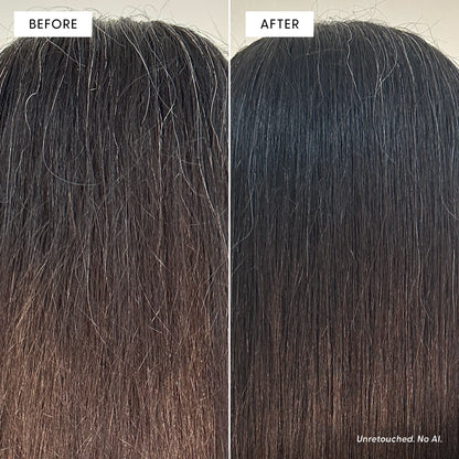 A side-by-side comparison of hair before and after using The Full Arey by Arey; the left side reveals frizzy hair with visible gray strands, while the right side features smoother, darker, shinier hair with a thicker, fuller texture. Labels read Before and After, showcasing results that slow new greys and support repigmentation for a refreshed appearance.