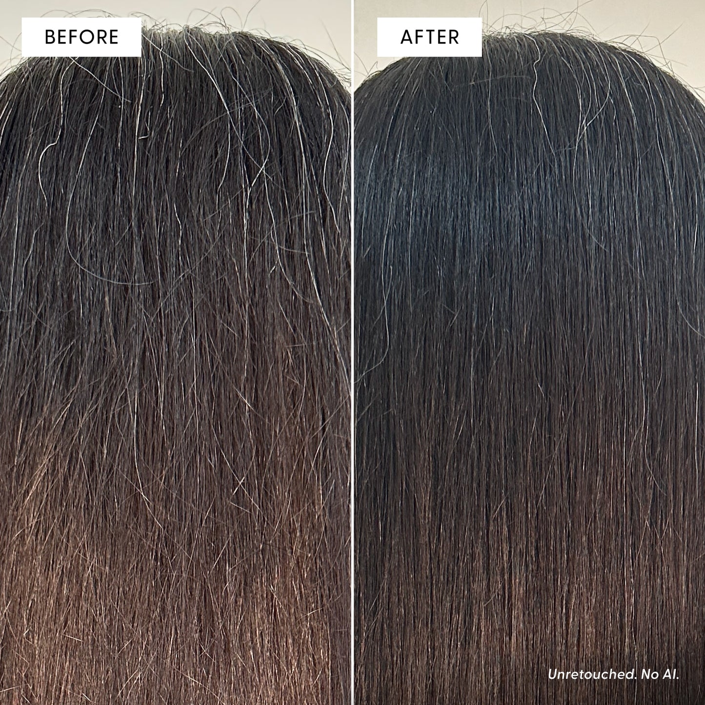 A side-by-side comparison of hair before and after using The Full Arey by Arey; the left side reveals frizzy hair with visible gray strands, while the right side features smoother, darker, shinier hair with a thicker, fuller texture. Labels read Before and After, showcasing results that slow new greys and support repigmentation for a refreshed appearance.
