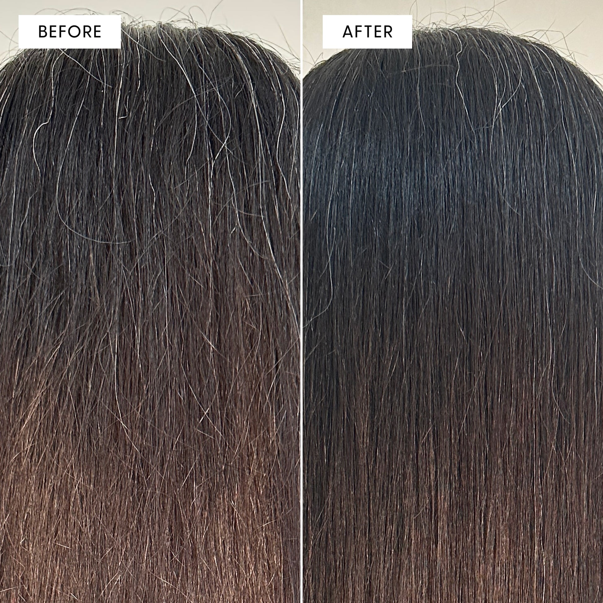 Before and after close-up photo of the crown of dark hair. Left panel labeled "BEFORE" shows many scattered white and grey hairs. Right panel labeled "AFTER" shows the same area with significantly fewer grey and white hairs.