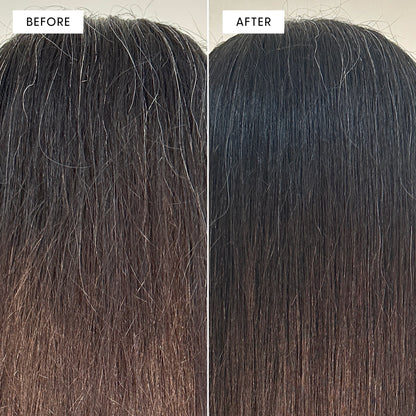 Before and after close-up photo of the crown of dark hair. Left panel labeled "BEFORE" shows many scattered white and grey hairs. Right panel labeled "AFTER" shows the same area with significantly fewer grey and white hairs.