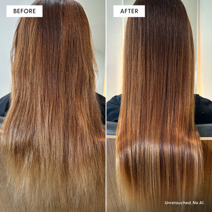 Side-by-side comparison of long brown hair before and after using The Full Arey by Arey; the left side displays frizzy, dry hair, while the right side reveals smoother, shinier, and healthier-looking locks. Noticeably thicker, fuller hair is visible post-treatment. Text reads Unretouched. No AI.