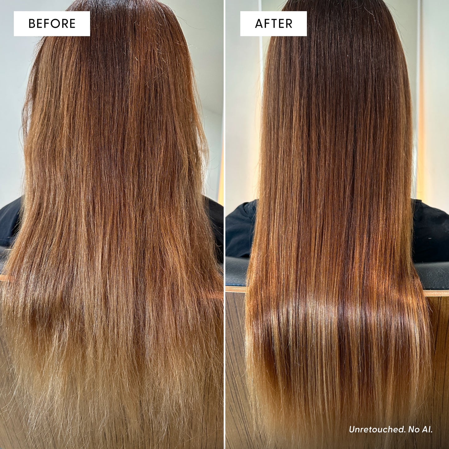 Side-by-side comparison of long brown hair before and after using The Full Arey by Arey; the left side displays frizzy, dry hair, while the right side reveals smoother, shinier, and healthier-looking locks. Noticeably thicker, fuller hair is visible post-treatment. Text reads Unretouched. No AI.