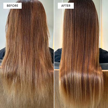 Before and after photo of a person's long hair, viewed from the back. Left panel labeled "BEFORE" shows hair with visible grey and lighter strands throughout. Right panel labeled "AFTER" shows noticeably darker, richer hair with significantly less grey.
