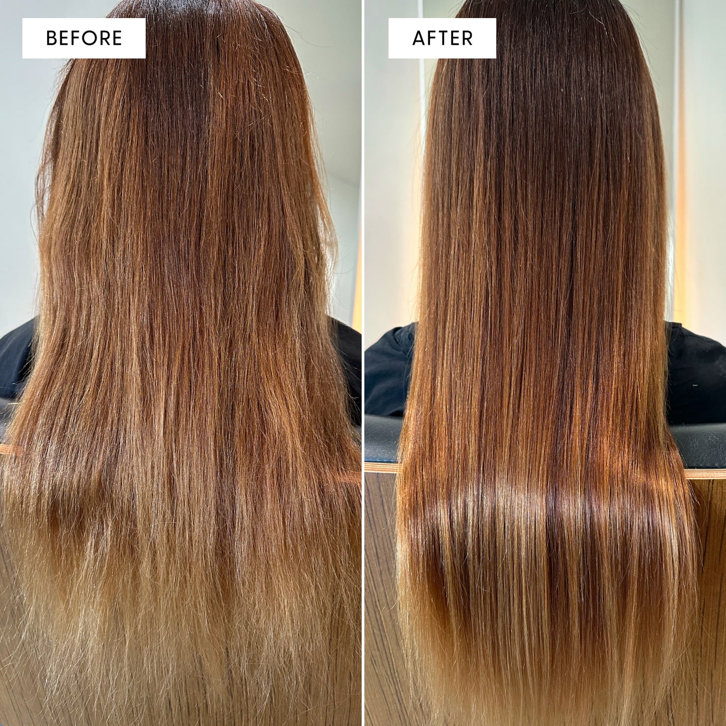 Before and after photo of a person's long hair, viewed from the back. Left panel labeled "BEFORE" shows hair with visible grey and lighter strands throughout. Right panel labeled "AFTER" shows noticeably darker, richer hair with significantly less grey.