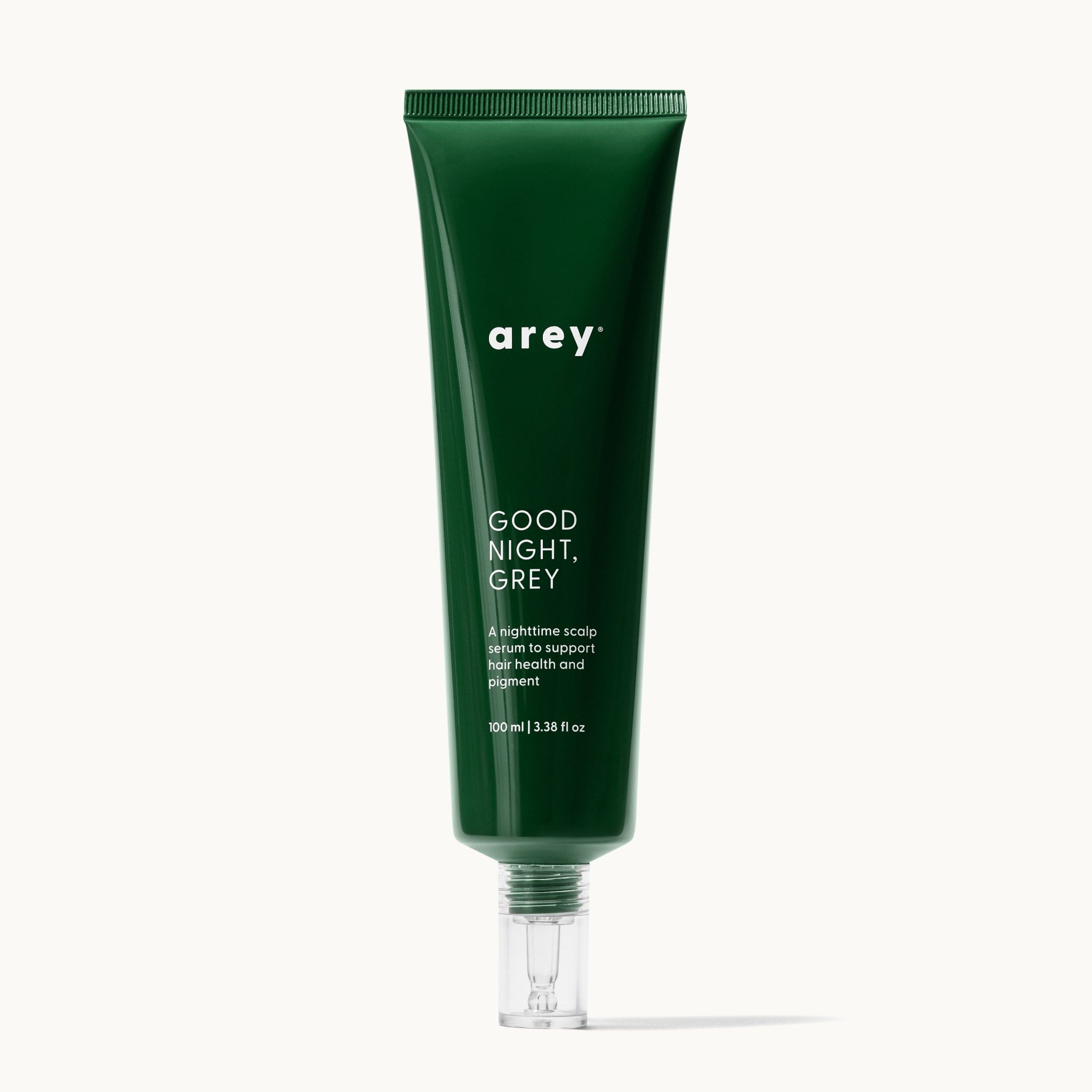 Product shot of arey Good Night, Grey scalp serum tube on a white background. Label reads: arey® GOOD NIGHT, GREY. 