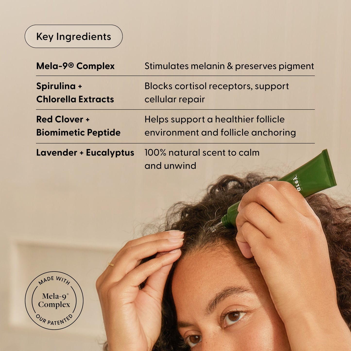 A person applies Arey’s Good Night, Grey®—a green tube of overnight scalp treatment—to their hairline. Text highlights key ingredients, including the Mela-9® Complex, spirulina, and lavender, all enhanced with hair growth peptides to nourish and care for the hair and scalp.
