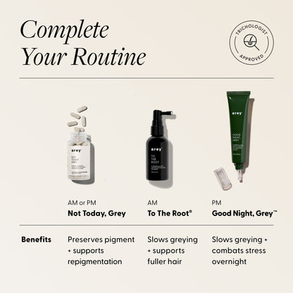 "Complete Your Routine" infographic with Trichologist Approved badge showing 3 arey products. AM or PM — Not Today, Grey: Preserves pigment + supports repigmentation. AM — To The Root®: Slows greying + supports fuller hair. PM — Good Night, Grey™: Slows greying + combats stress overnight.