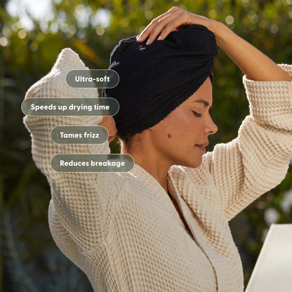 Speeds up drying time
Ultra-soft material
contours to the head
Helps tame frizz & reduce hair breakage