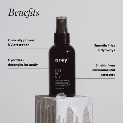 "Benefits" infographic for arey Live In Mist showing the dark glass spray bottle on a sculptural pedestal. Four benefits listed: Clinically proven UV protection; Hydrates + detangles instantly; Smooths frizz & flyaways; Shields from environmental stressors.