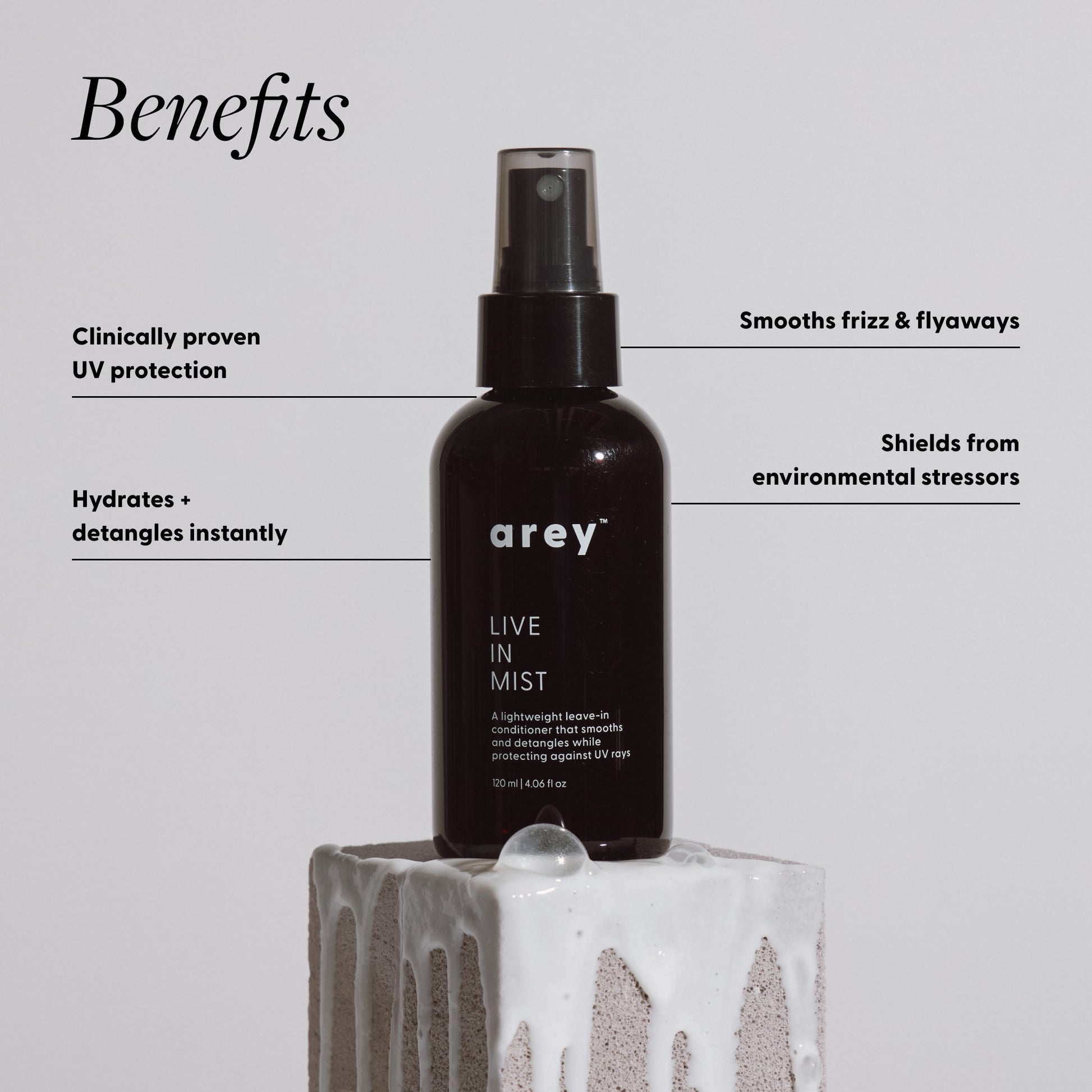 Arey live in mist bottle with benefits listed on a gray background