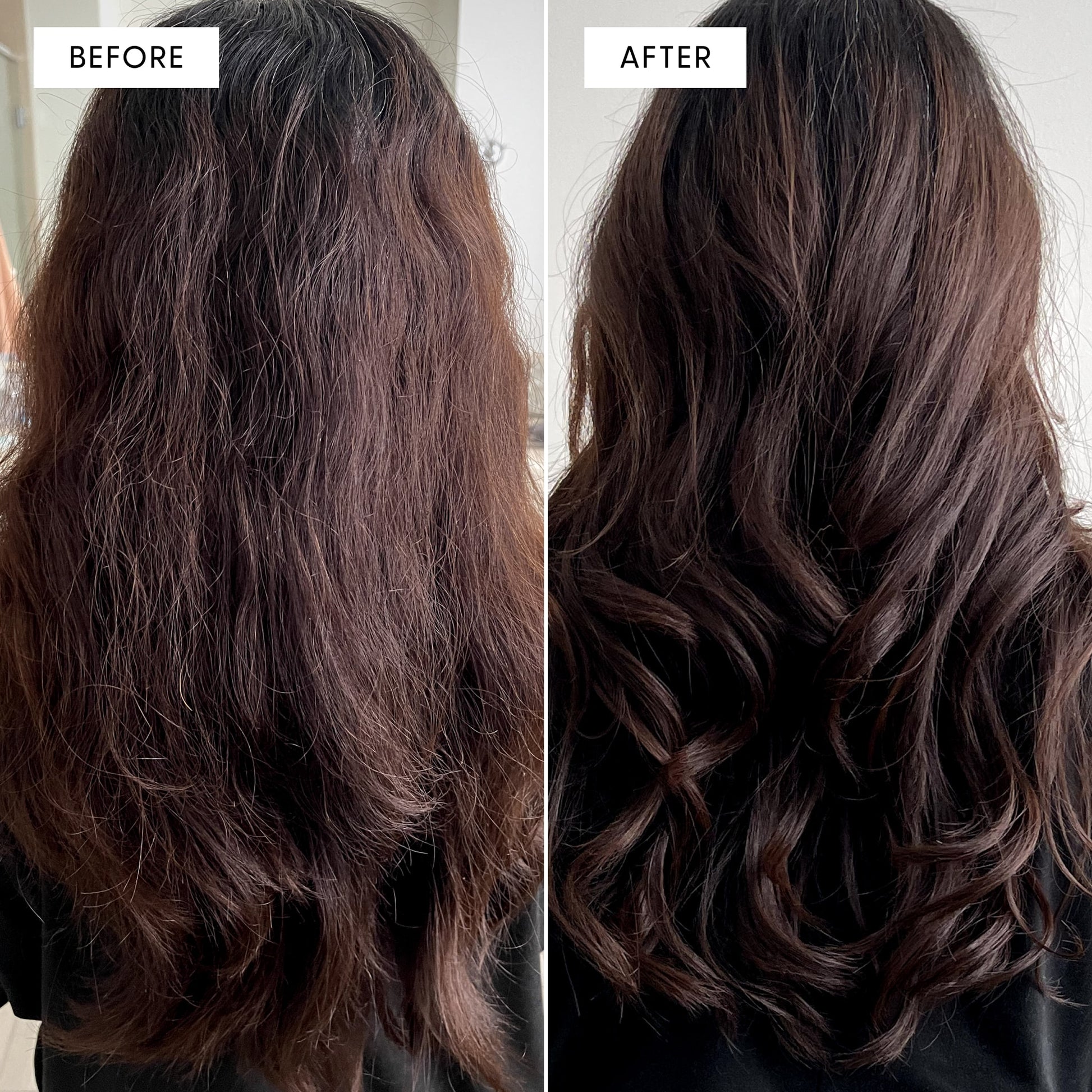 Before and after split photo showing hair results from using arey Leave-In Masque. Left panel labeled "BEFORE" shows the back of a person's head with flat, dull, less voluminous dark hair. Right panel labeled "AFTER" shows the same hair transformed: fuller, more voluminous, with soft waves and visible shine.