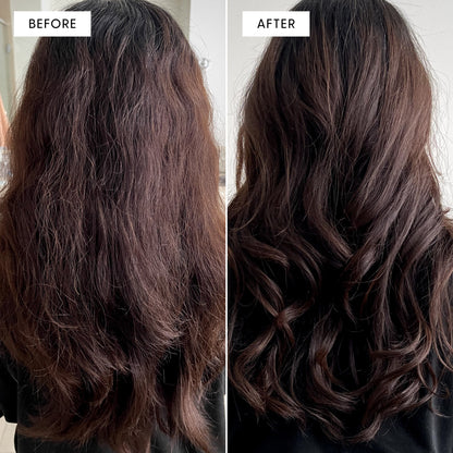 Before and after split photo showing hair results from using arey Leave-In Masque. Left panel labeled "BEFORE" shows the back of a person's head with flat, dull, less voluminous dark hair. Right panel labeled "AFTER" shows the same hair transformed: fuller, more voluminous, with soft waves and visible shine.